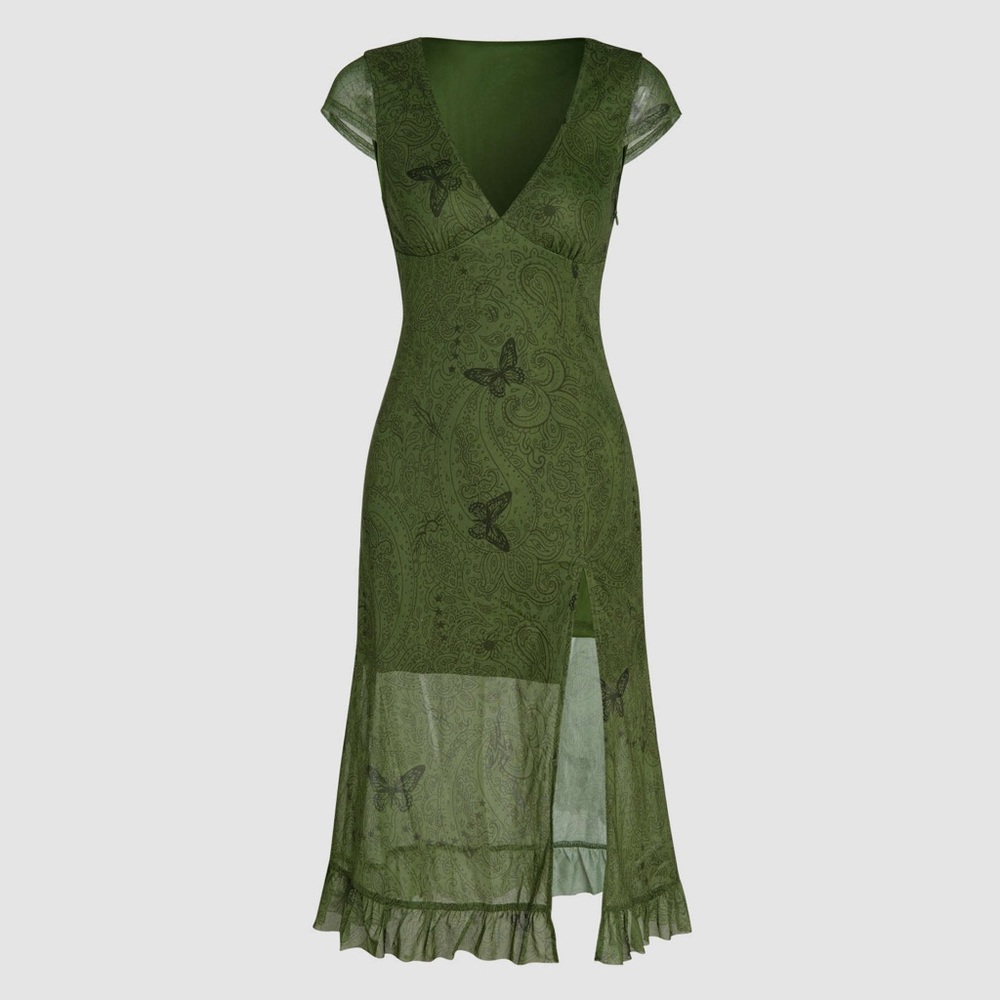 Cider Butterfly Floral Green Short Sleeve Dress